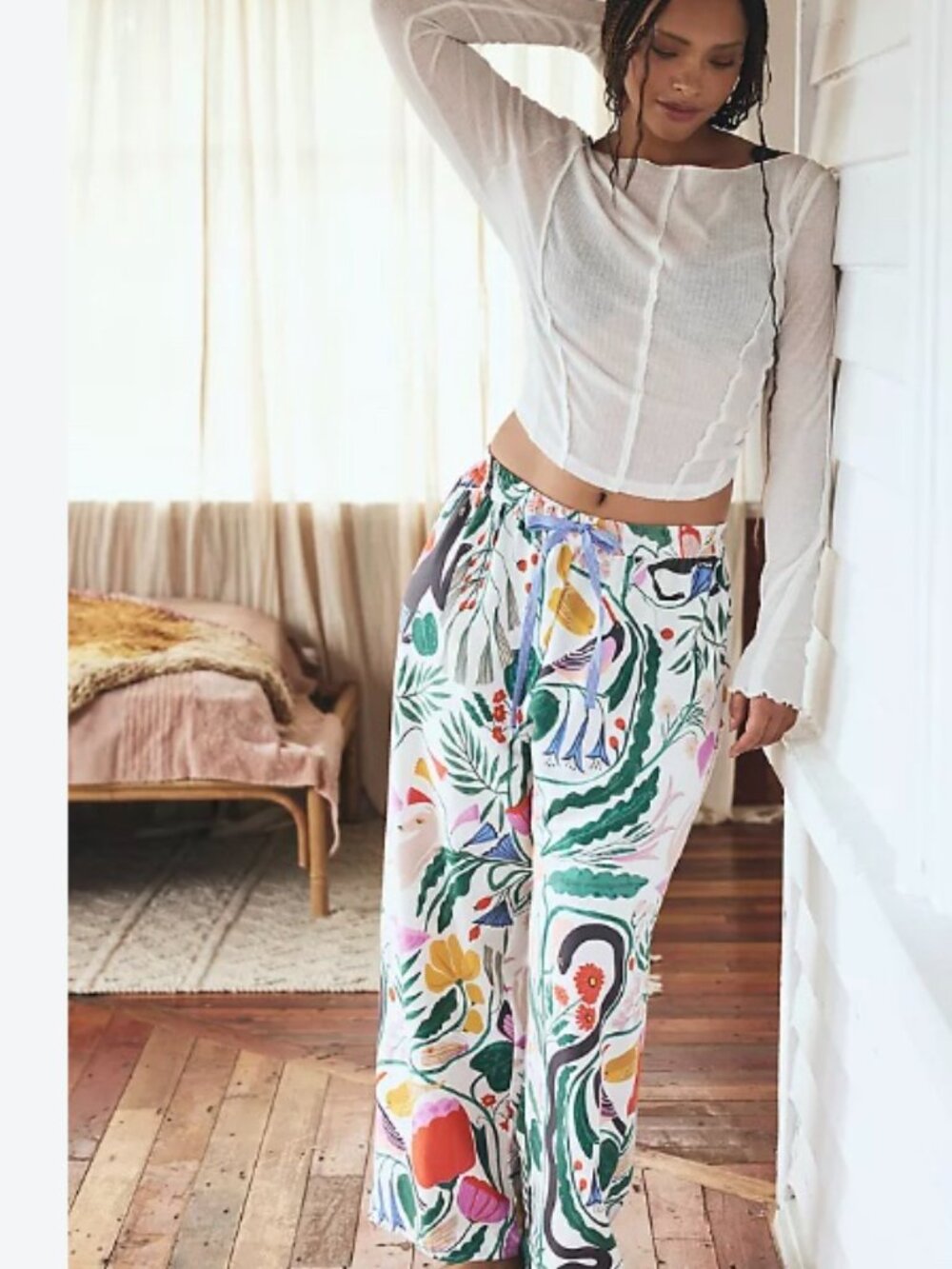 Megan Galante Anthropologie Floral Wide Leg Flannel Lounge Pants Multicolor Sz L